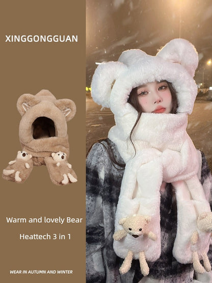 Cute Bear Hat Heattech Scarf Integrated Hooded Women's Autumn and Winter Heattech Gloves Thick Fleece Three-Piece Set